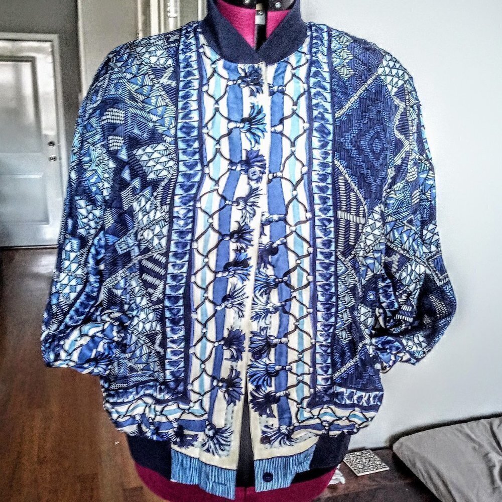 Vintage Saks Fifth Avenue Blue Silk Bomber Jacket
